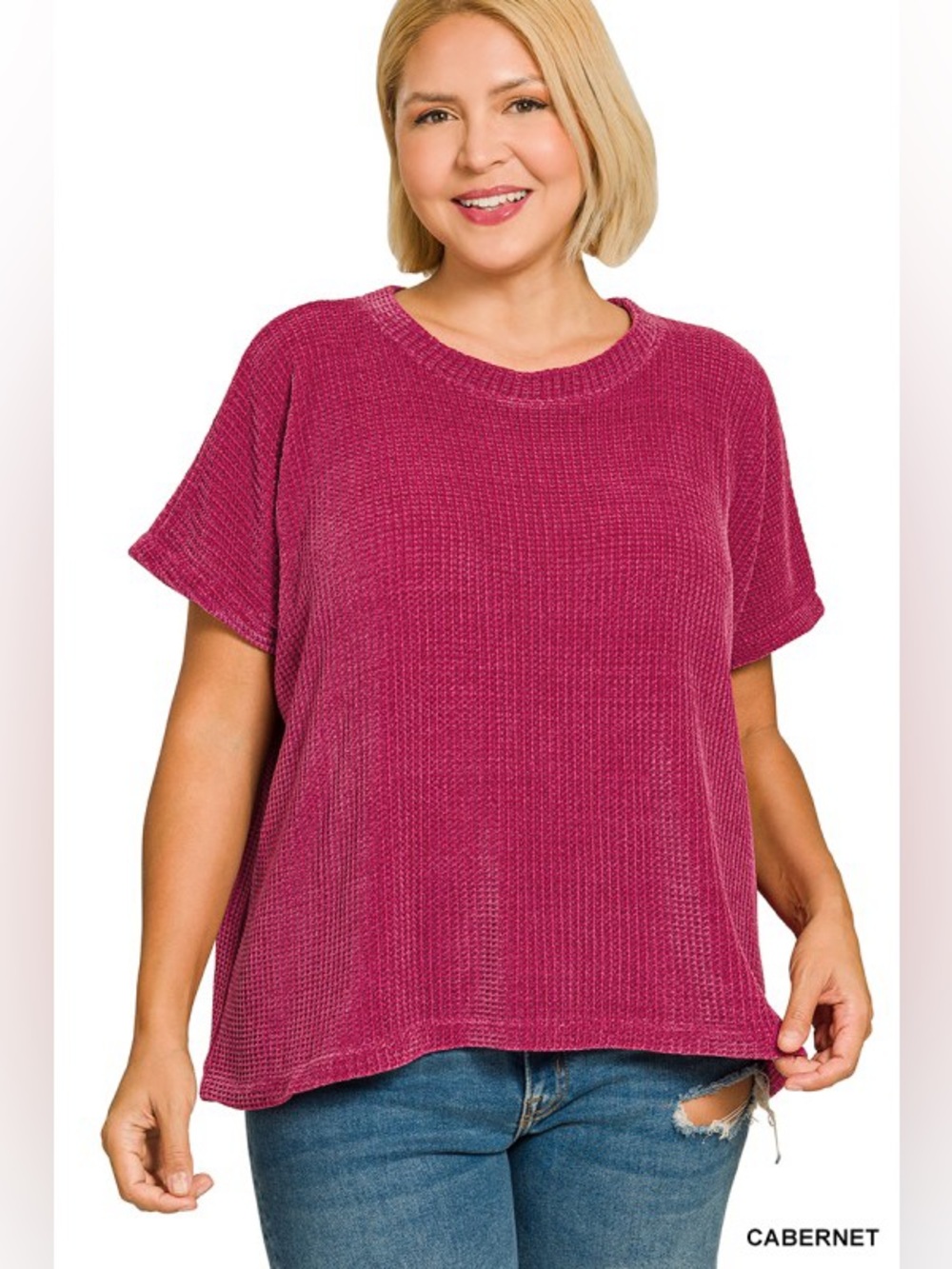 Cabrenet Zenana PLUS CHENILLE WAFFLE CAP SLEEVE SWEATER